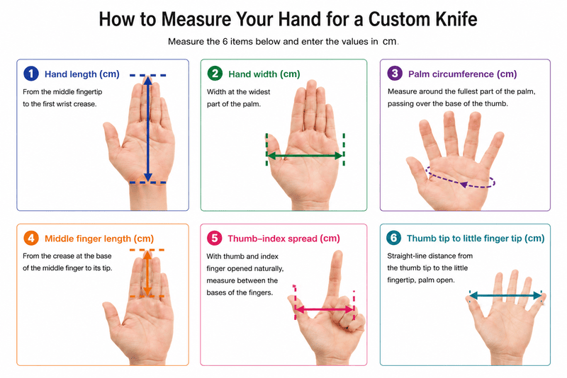 Diagram showing how to measure hand length, hand width, palm circumference, middle finger length, thumb-index spread, and thumb tip to little fingertip distance, all in centimeters