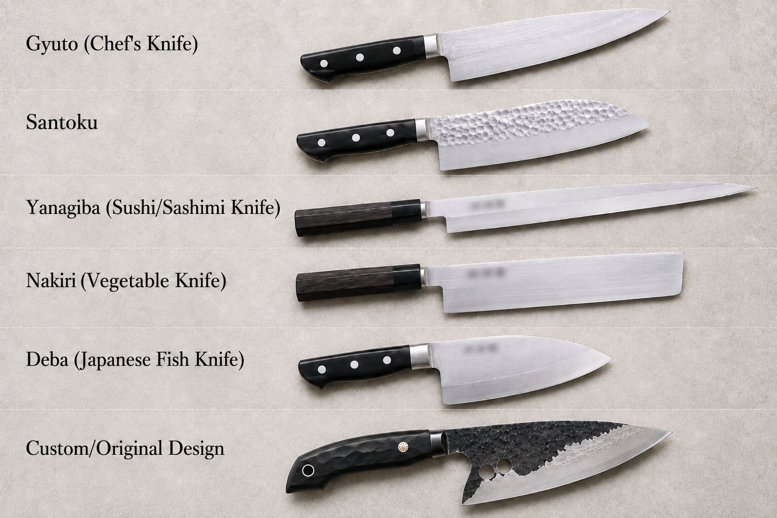 Reference photo of our knife types: Gyuto, Santoku, Yanagiba, Nakiri, Deba, and a fully custom design